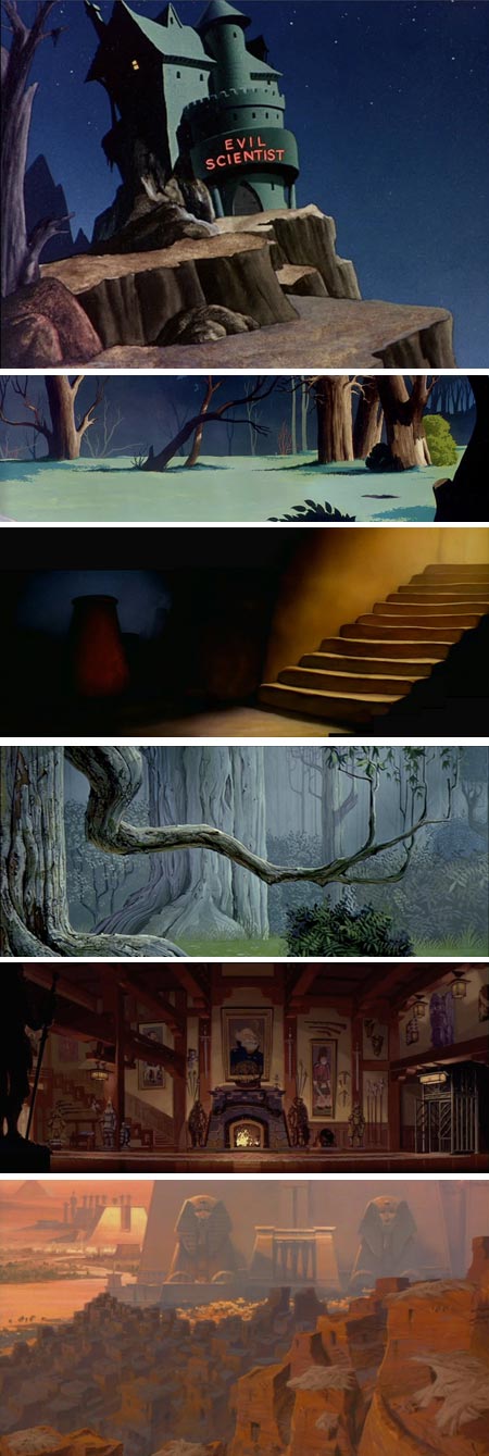 Animation Backgrounds: Hare-Raising Hare, The Sorcerer's Apprentice, Sleeping Beauty, Atlantis, the Lost Empire, The Prince of Egypt