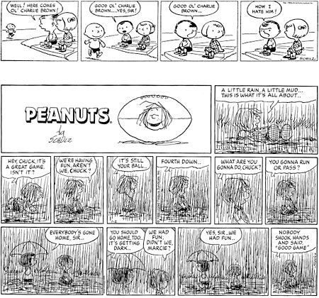 Peanuts, first and next to last strips, Charles M. Schultz.
