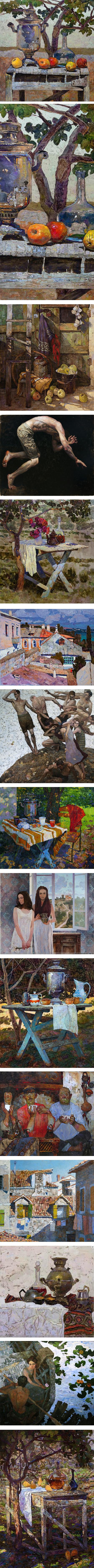 Denis Sarazhin, still life, figures, townscape paintings