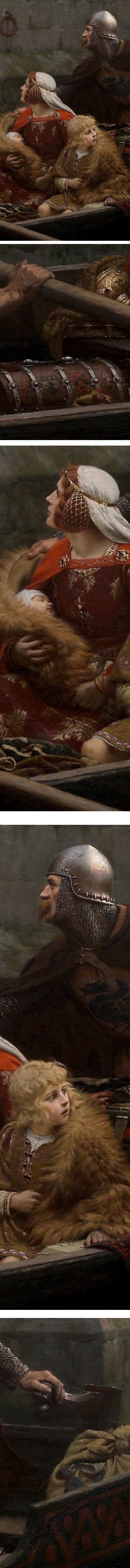 In Time of Peril, Edmund Leighton, oil on canvas (details)