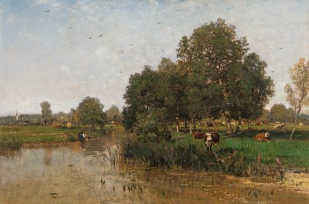 River Landscape with a Resting Herd, 19th century oil on canvas landscape painting by Eugen Jettel