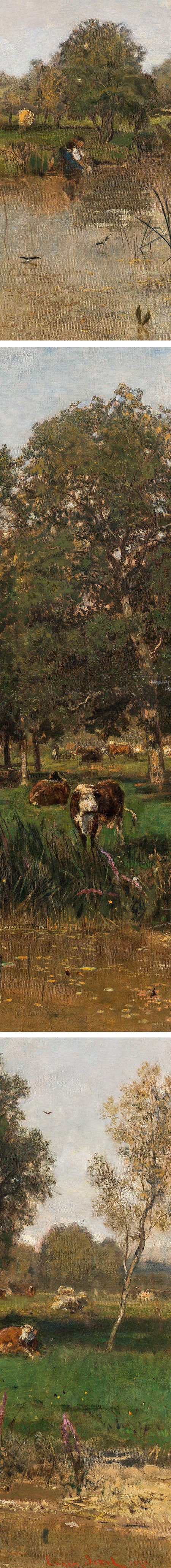 River Landscape with a Resting Herd, 19th century oil on canvas landscape painting by Eugen Jettel (details)