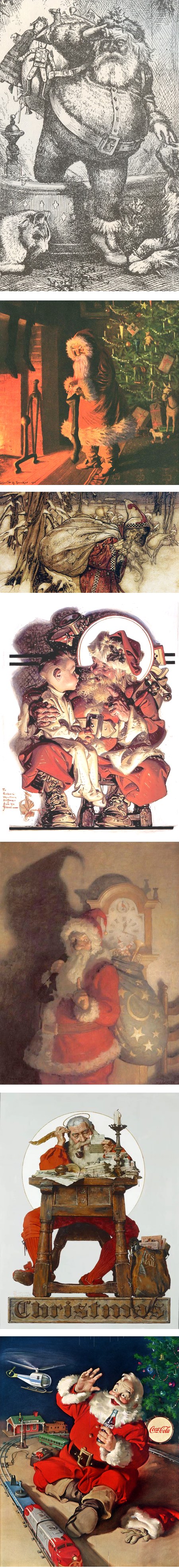 Santa Claus illustrations by Thomas Nast, Reginald Marsh, Arthur Rackham, J.C. Leyendecker, N.C. Wyeth, Norman Rockwell and Haddon Sundblom