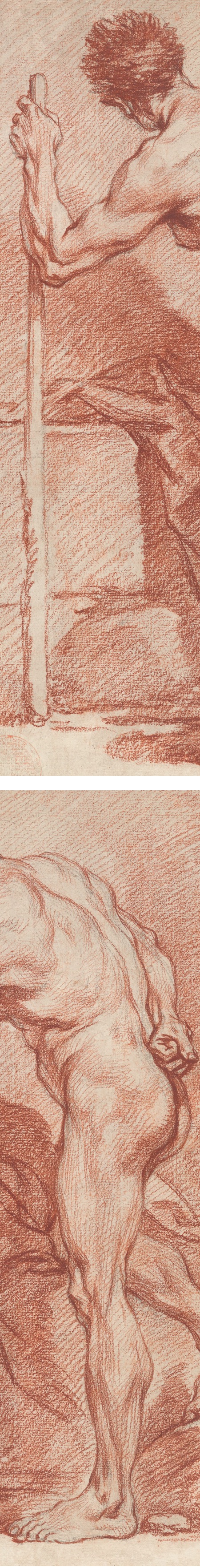Francois Boucher chalk drawing of a male nude figure (details)
