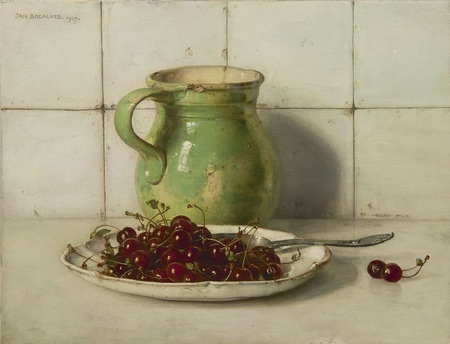 Still life with cherries and stoneware can, Jan Bogaerts