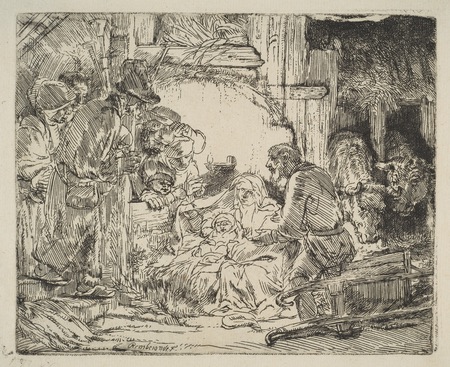 The Adoration of the Shepherds, with the lamp, Rembrandt van Rijn, etching