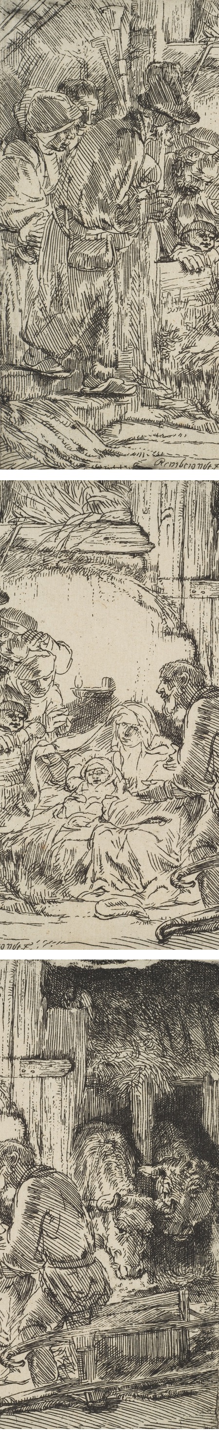 The Adoration of the Shepherds, with the lamp, Rembrandt van Rijn, etching (details)