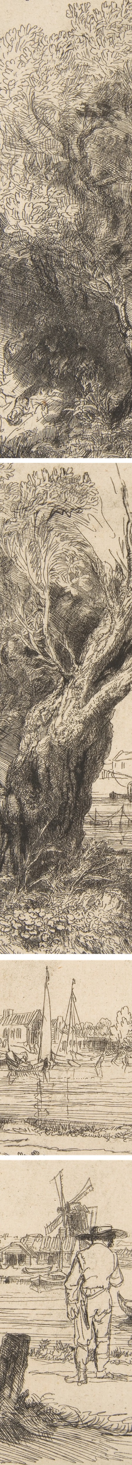 Rembrandt etching, The Omval (details)