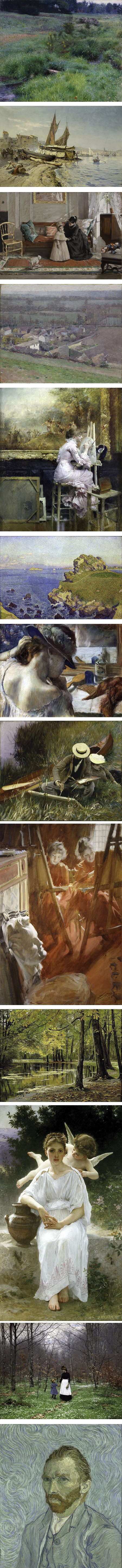 Paintings by Dennis Miller Bunker, Anton Josef Pepino, William Merritt Chase, Theodore Robinson, Pascal Dagnan-Bouveret, Théo van Rysselberghe, Edgar Degas, John Singer Sargent, Anders Zorn, Peder Mork Monsted, William-Adolphe Bouguereau, H. A. Brendekilde, Vincent Van Gogh