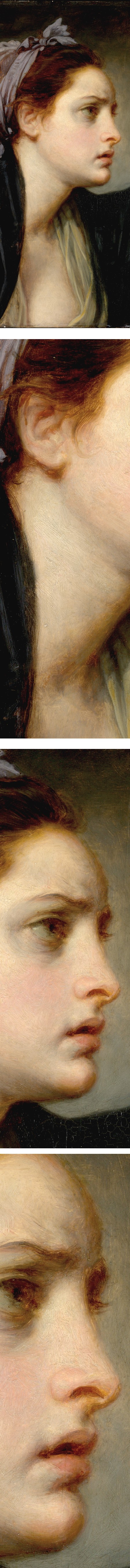 Study of a Woman's Head, by Jean-Baptiste Greuze, oil painting on wood (details)