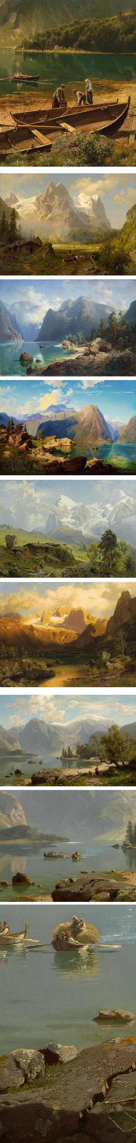 August Leu paintings of the Alps and Norway mountains