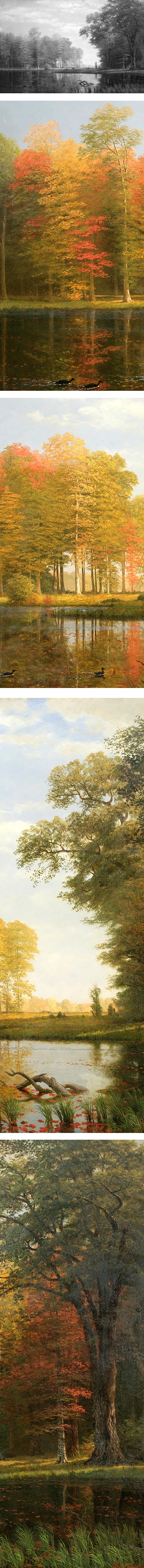 Autumn Wood, Albert Bierstadt, oil on linen Hudson River School Painting (details)