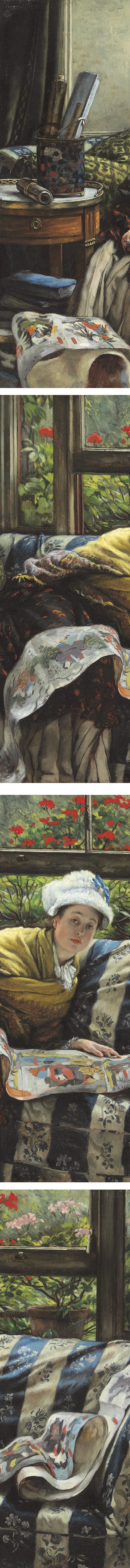 The Japanese Scroll, oil painting by James Tissot (details)