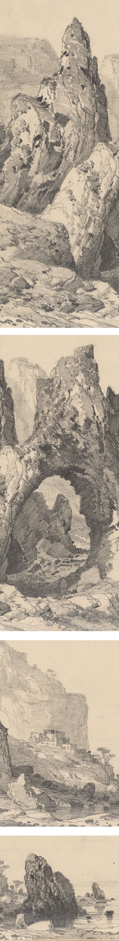 A Natural Stone Arch Beside the Sea, Carlo Ferrario, pencil on paper