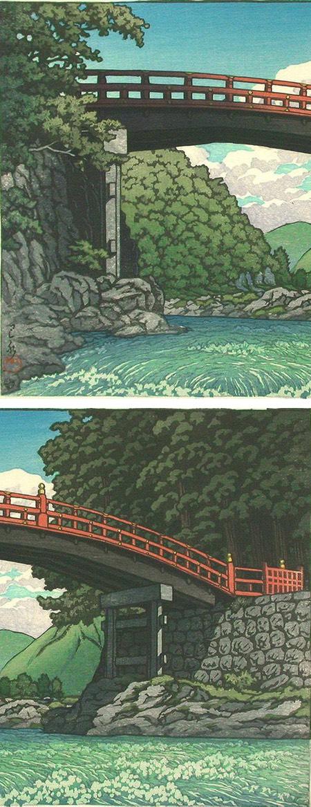 Kamibashi Bridge at Nikko (Sacred Bridge) by Kawase Hasui, woodblock print,